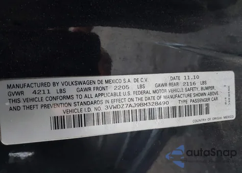 2011 Volkswagen Jetta 2.5L Se из США, поврежденный, VIN 3VWDZ7AJ9BM328490